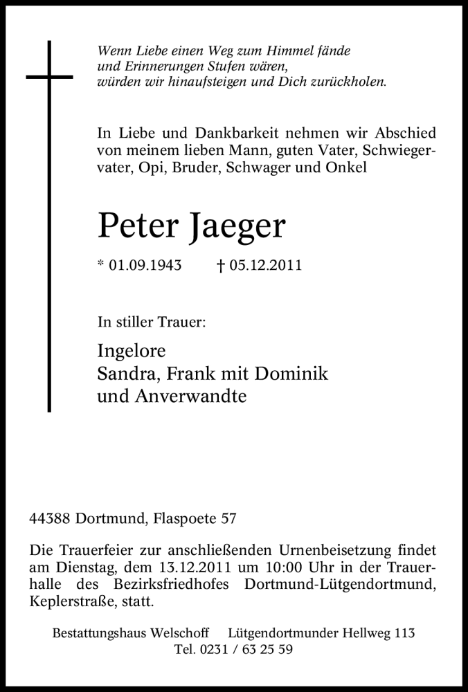  Traueranzeige für Peter Jaeger vom 09.12.2011 aus Tageszeitung