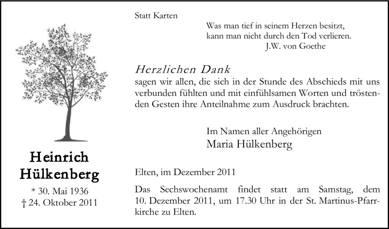  Traueranzeige für Heinrich Hülkenberg vom 08.12.2011 aus Tageszeitung