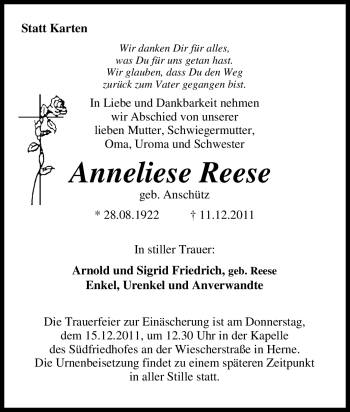 Traueranzeige von Anneliese Reese von Tageszeitung