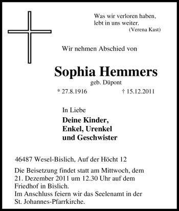Traueranzeige von Sophia Hemmers von Tageszeitung
