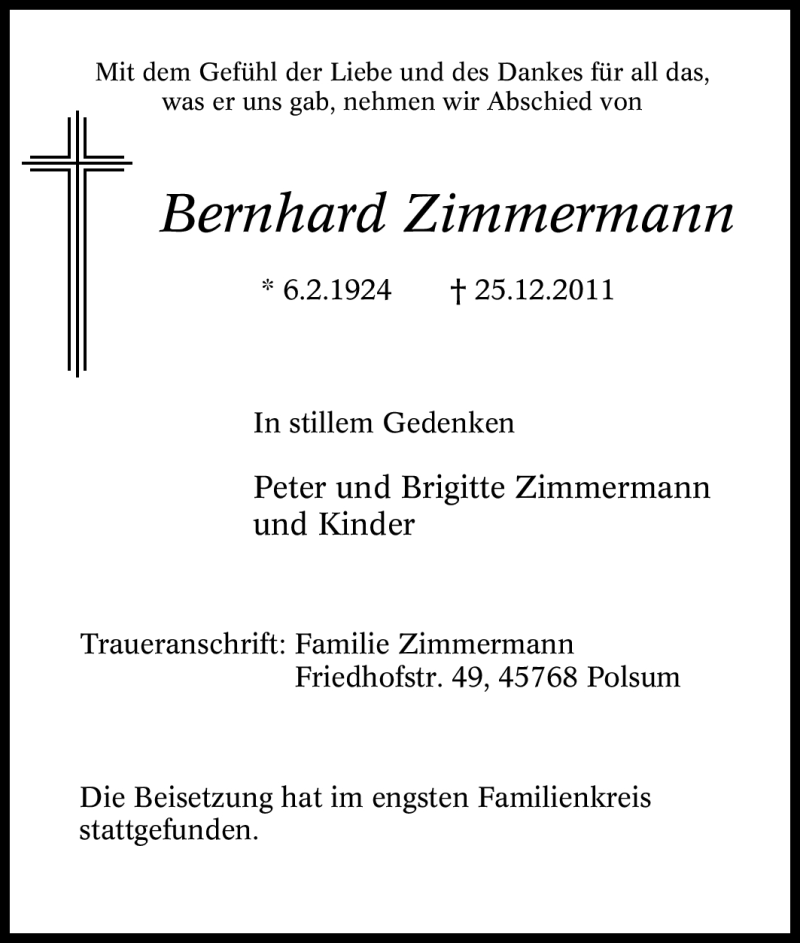 Traueranzeige für Bernhard Zimmermann vom 31.12.2011 aus Tageszeitung