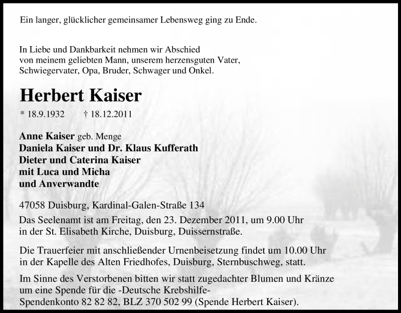  Traueranzeige für Herbert Kaiser vom 20.12.2011 aus Tageszeitung