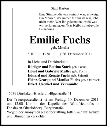 Traueranzeige von Emilie Fuchs von Tageszeitung