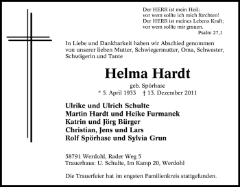 Traueranzeige von Helma Hardt von Tageszeitung
