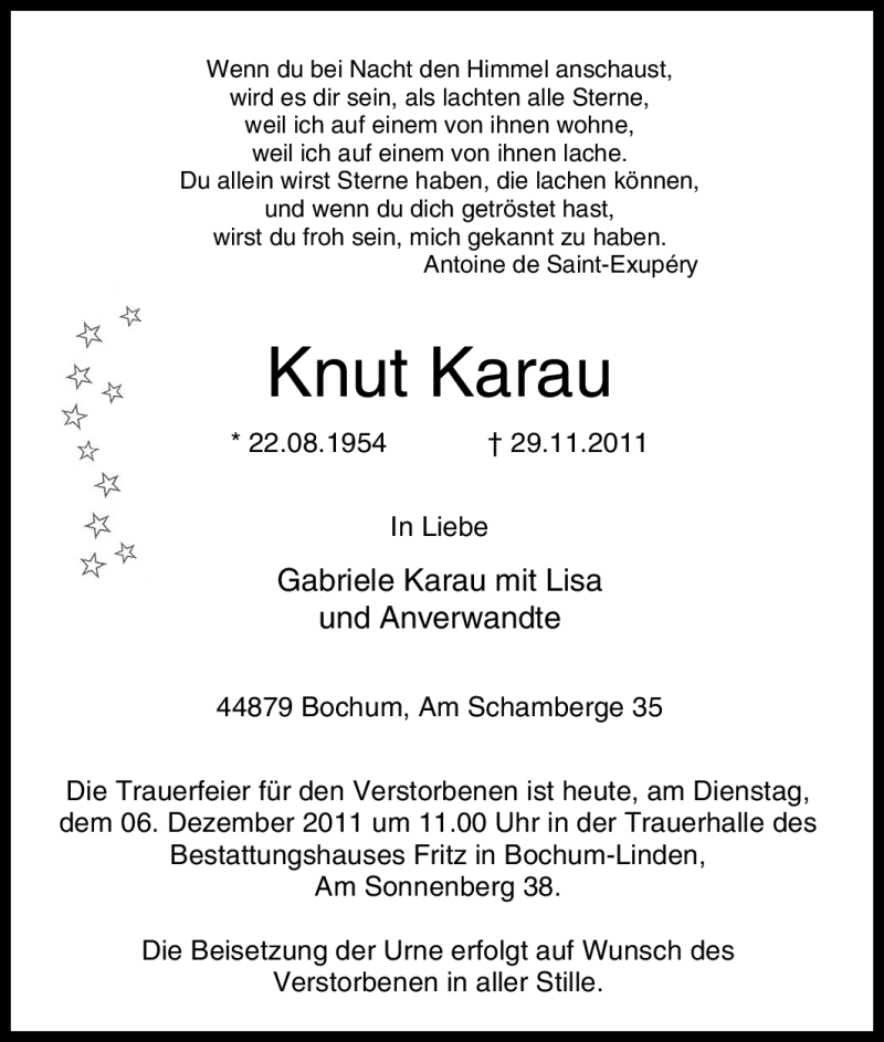  Traueranzeige für Knut Karau vom 06.12.2011 aus Tageszeitung
