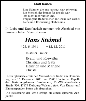 Traueranzeige von Hans Steimel von Tageszeitung