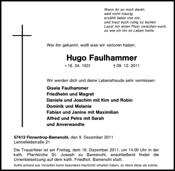 Traueranzeige von Hugo Faulhammer von Tageszeitung