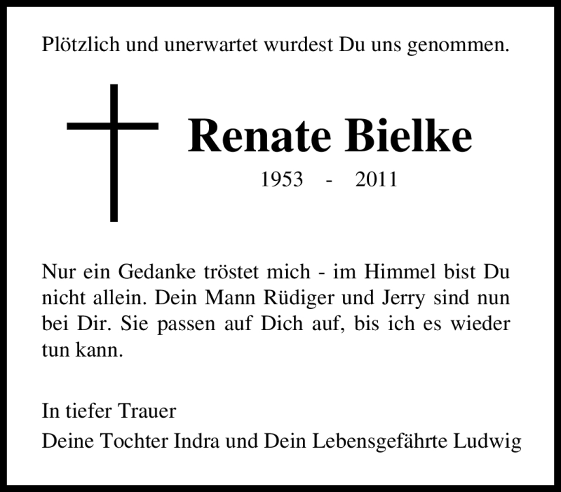  Traueranzeige für Renate Bielke vom 15.12.2011 aus Tageszeitung