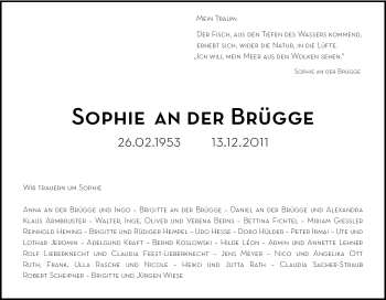 Traueranzeige von Sophie an der Brügge von Tageszeitung