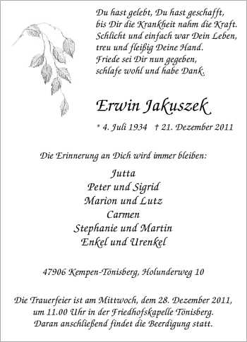 Traueranzeige von Erwin Jakuszek von Tageszeitung