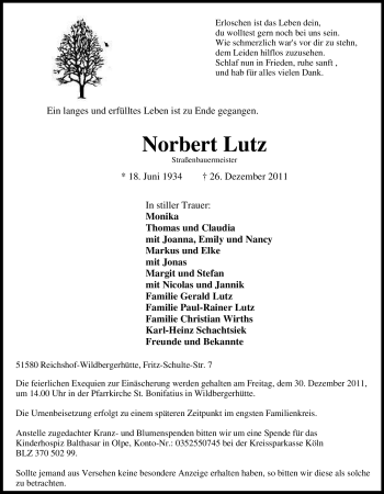 Traueranzeige von Norbert Lutz von Tageszeitung