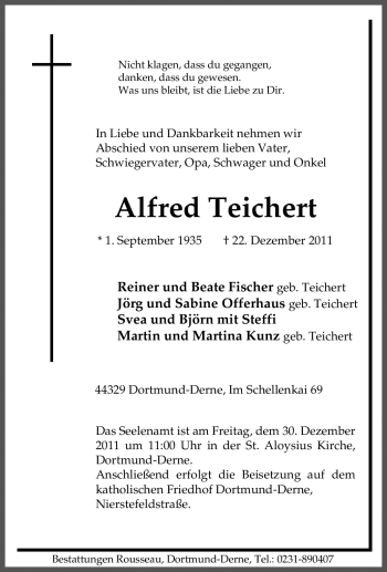 Traueranzeige von Alfred Teichert von Tageszeitung