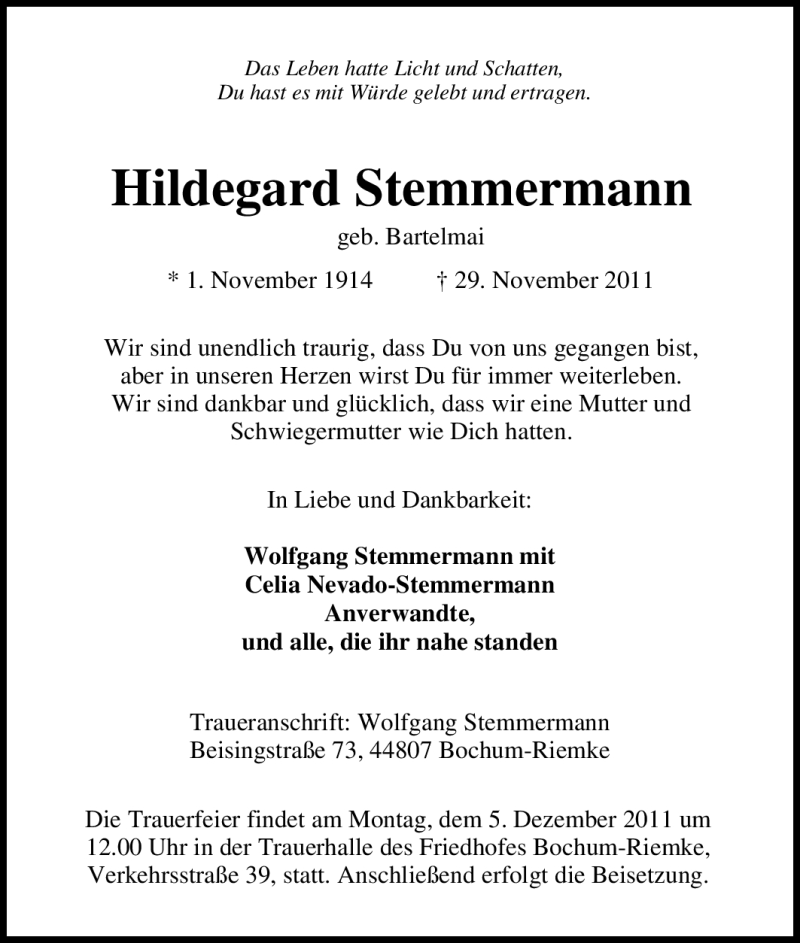  Traueranzeige für Hildegard Stemmermann vom 02.12.2011 aus Tageszeitung