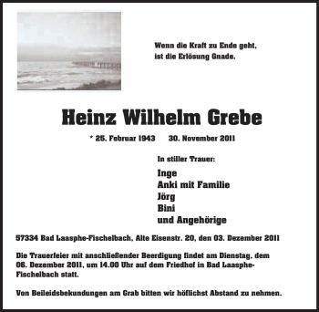 Traueranzeige von Heinz Wilhelm Grebe von Tageszeitung