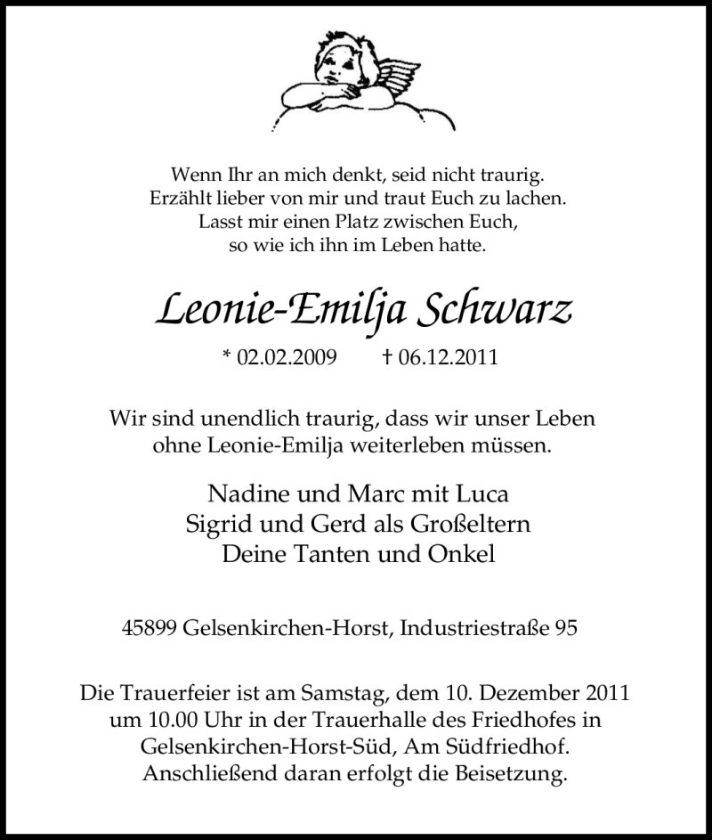  Traueranzeige für Leonie-Emilja Schwarz vom 08.12.2011 aus Tageszeitung