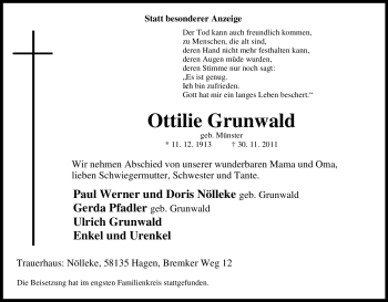 Traueranzeige von Ottilie Grunwald von Tageszeitung