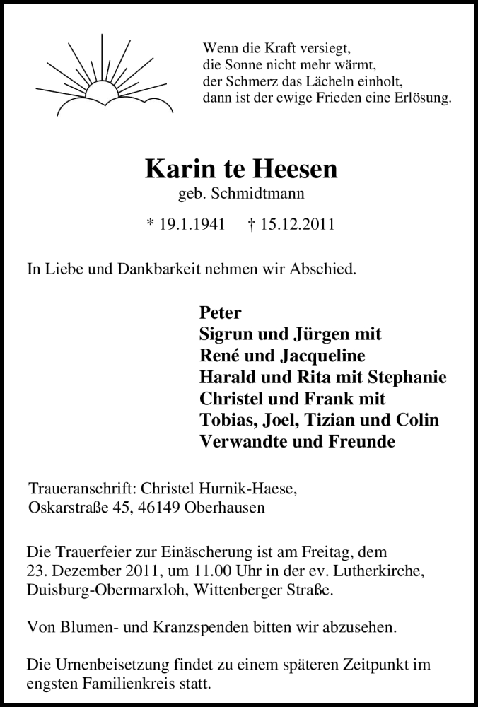  Traueranzeige für Karin te Heesen vom 20.12.2011 aus Tageszeitung