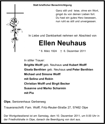 Traueranzeige von Ellen Neuhaus von Tageszeitung