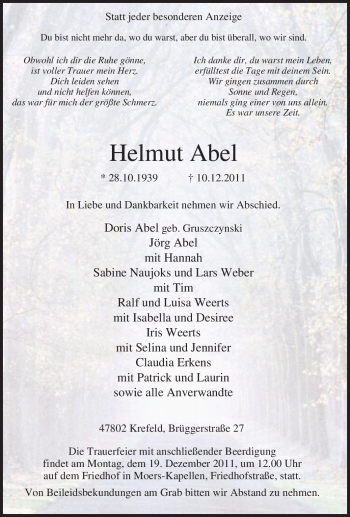 Traueranzeige von Helmut Abel von Tageszeitung
