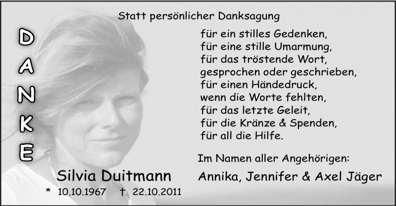  Traueranzeige für Silvia Duitmann vom 13.12.2011 aus Tageszeitung
