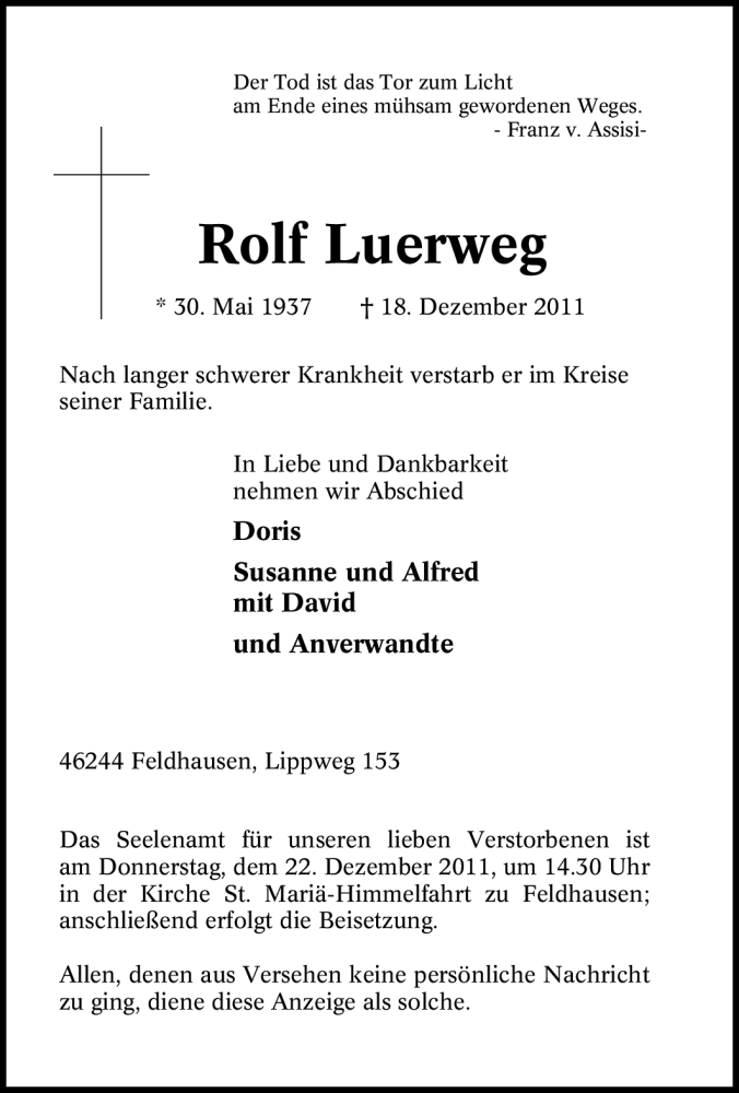  Traueranzeige für Rolf Luerweg vom 20.12.2011 aus Tageszeitung