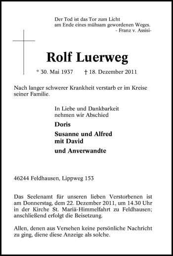 Traueranzeige von Rolf Luerweg von Tageszeitung