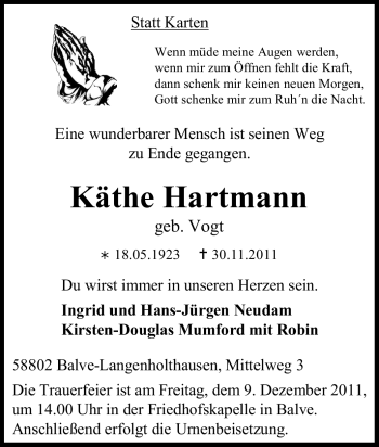 Traueranzeige von Käthe Hartmann von Tageszeitung