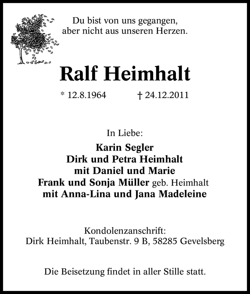  Traueranzeige für Ralf Heimhalt vom 28.12.2011 aus Tageszeitung
