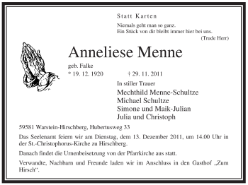 Traueranzeige von Anneliese Menne von Tageszeitung