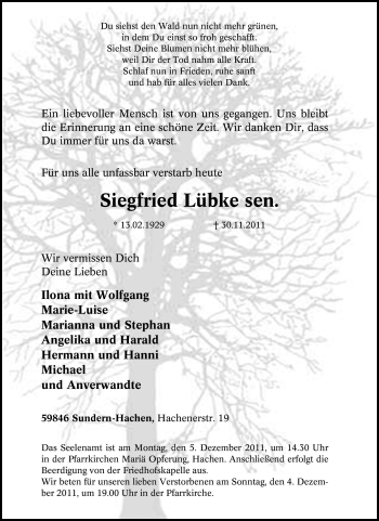 Traueranzeige von Siegfried Lübke sen. von Tageszeitung