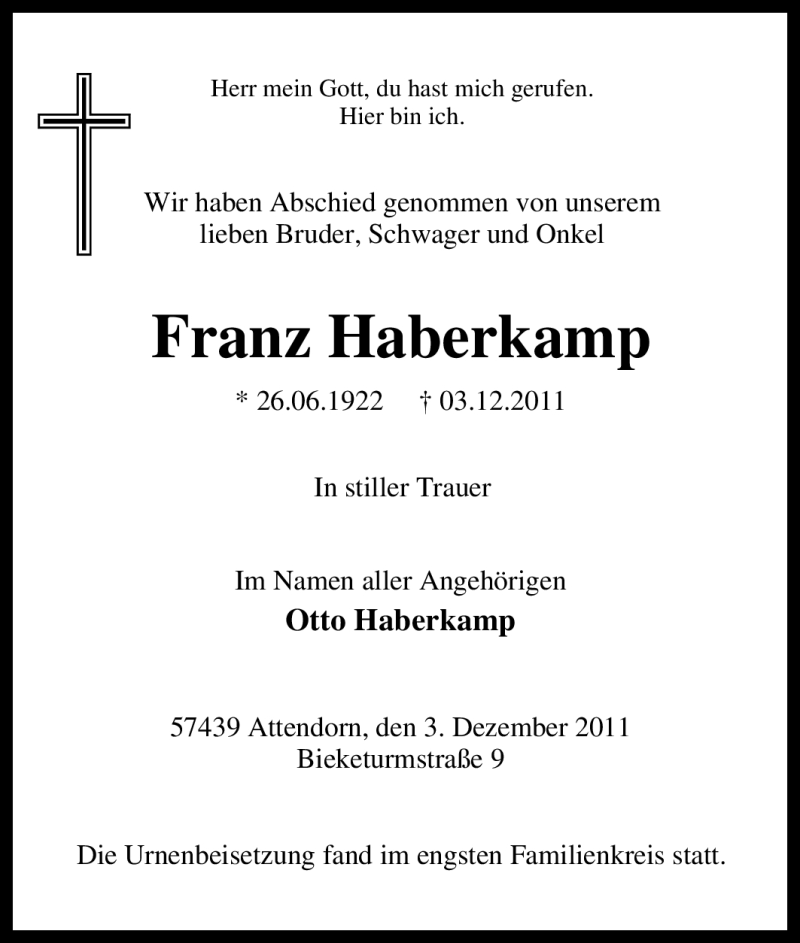 Traueranzeige für Franz Haberkamp vom 15.12.2011 aus Tageszeitung