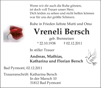 Traueranzeige von Vreneli Bersch von Tageszeitung