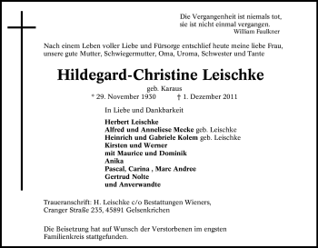 Traueranzeige von Hildegard-Christine Leischke von Tageszeitung