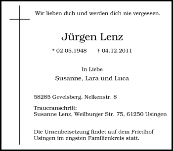 Traueranzeige von Jürgen Lenz von Tageszeitung