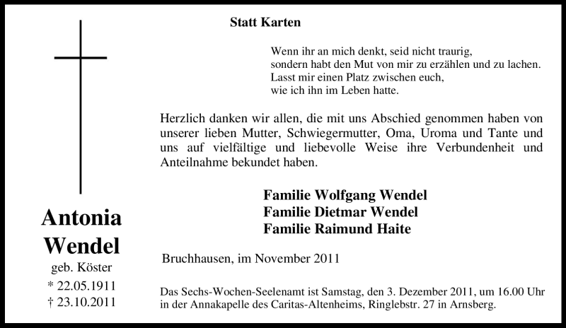  Traueranzeige für Antonia Wendel vom 01.12.2011 aus Tageszeitung