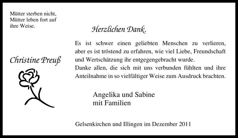  Traueranzeige für Christine Preuß vom 03.12.2011 aus Tageszeitung