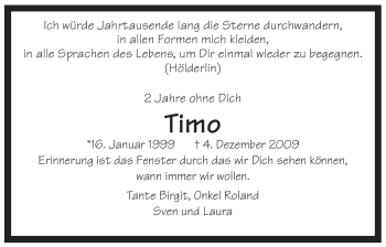 Traueranzeige von Timo  von Tageszeitung