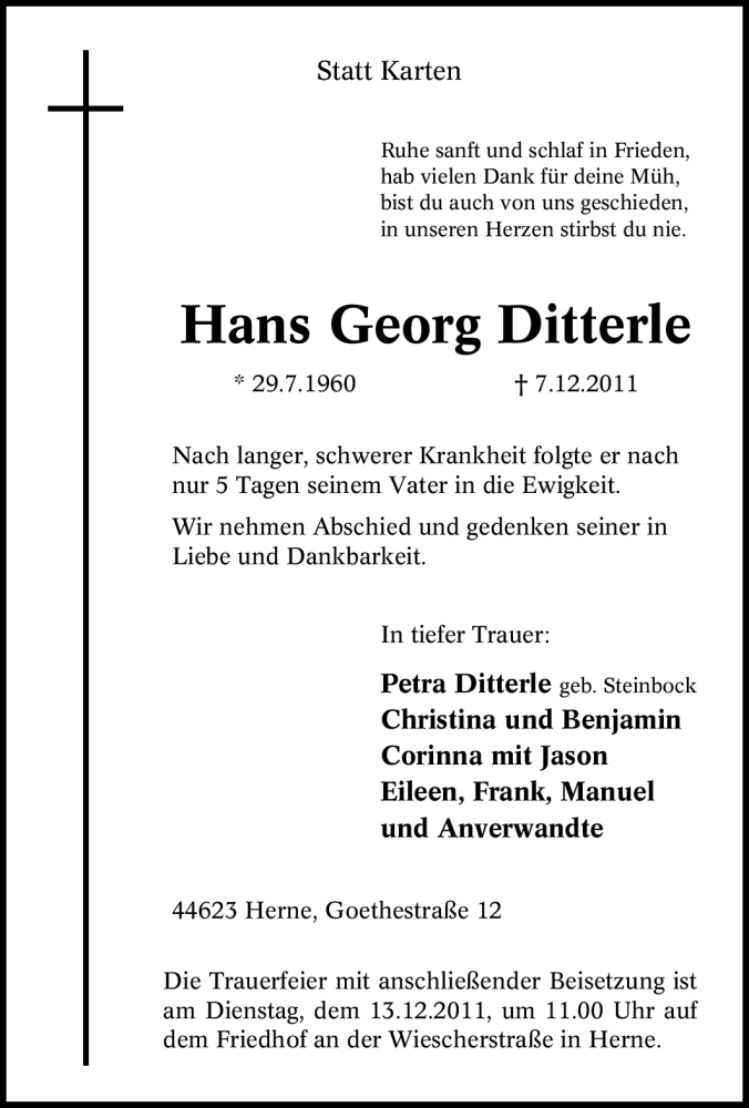  Traueranzeige für Hans Georg Ditterle vom 10.12.2011 aus Tageszeitung