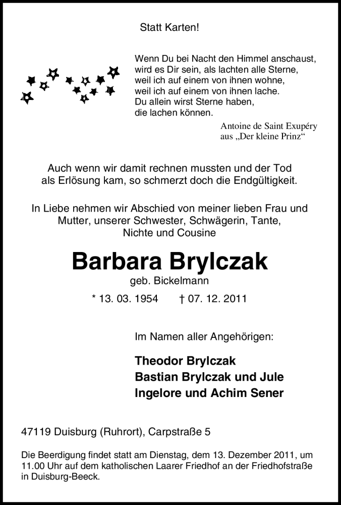  Traueranzeige für Barbara Brylczak vom 10.12.2011 aus Tageszeitung