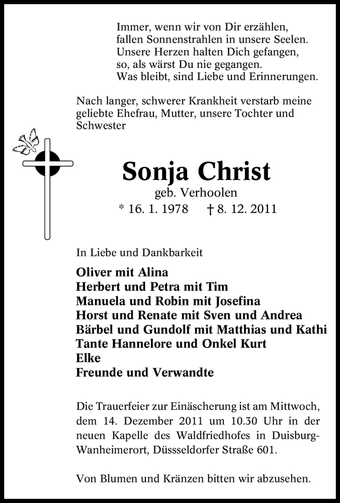  Traueranzeige für Sonja Christ vom 10.12.2011 aus Tageszeitung