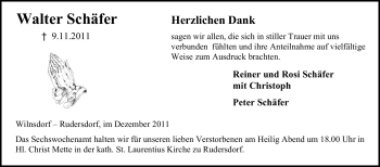 Traueranzeige von Walter Schäfer von Tageszeitung