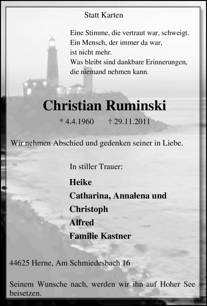  Traueranzeige für Christian Ruminski vom 03.12.2011 aus Tageszeitung