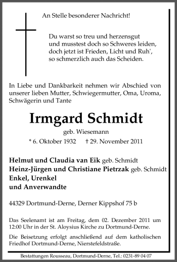 Traueranzeige von Irmgard Schmidt von Tageszeitung