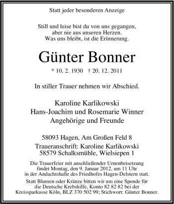 Traueranzeige von Günter Bonner von Tageszeitung