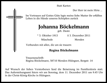 Traueranzeige von Johanna Böckelmann von Tageszeitung