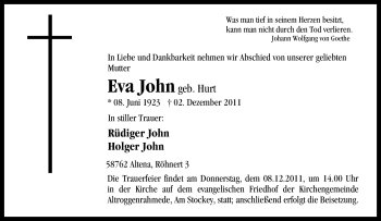 Traueranzeige von Eva John von Tageszeitung