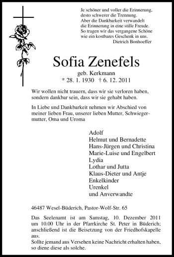 Traueranzeige von Sofia Zenefels von Tageszeitung