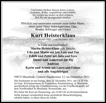 Traueranzeige von Kurt Heisterklaus von Tageszeitung