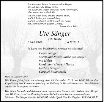 Traueranzeige von Ute Sänger von Tageszeitung