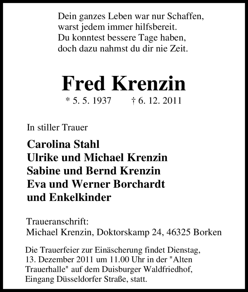  Traueranzeige für Fred Krenzin vom 09.12.2011 aus Tageszeitung